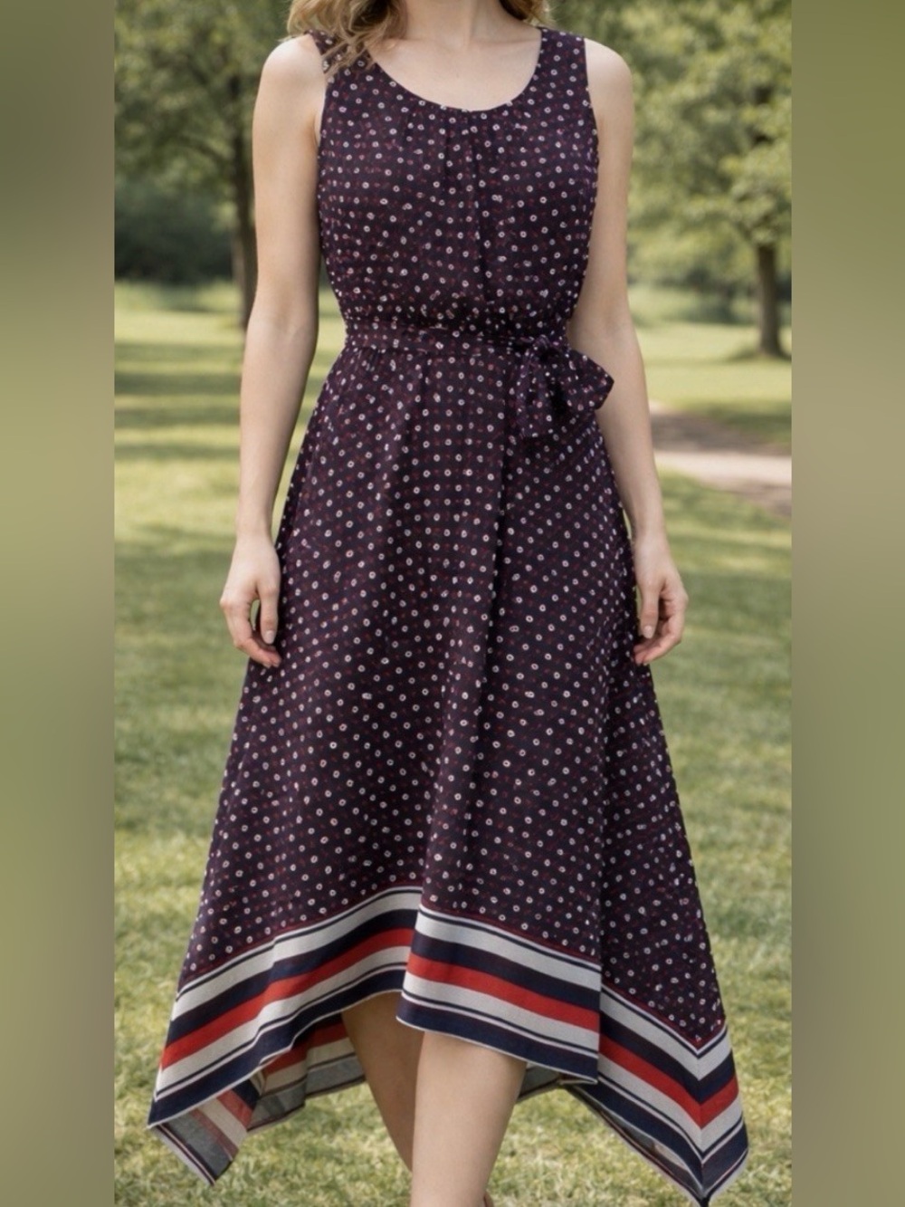Apt. 9 Belted Sleeveless Lined Dotted & Striped Dress - Like New